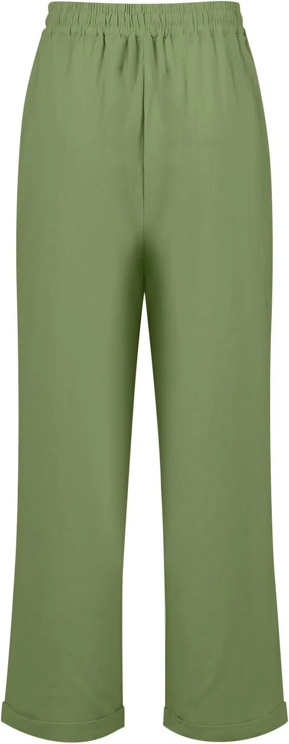 Women's Casual Cotton Linen Pants Drawstring High Waist Loose Fit Summer Pants Lounge Beach Trousers with Pockets