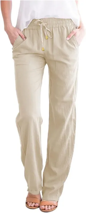 Womens Casual Cotton Linen Pants Lightweight Summer Elastic Waist Drawstring Trousers Loose Fit Solid Lounge Pants