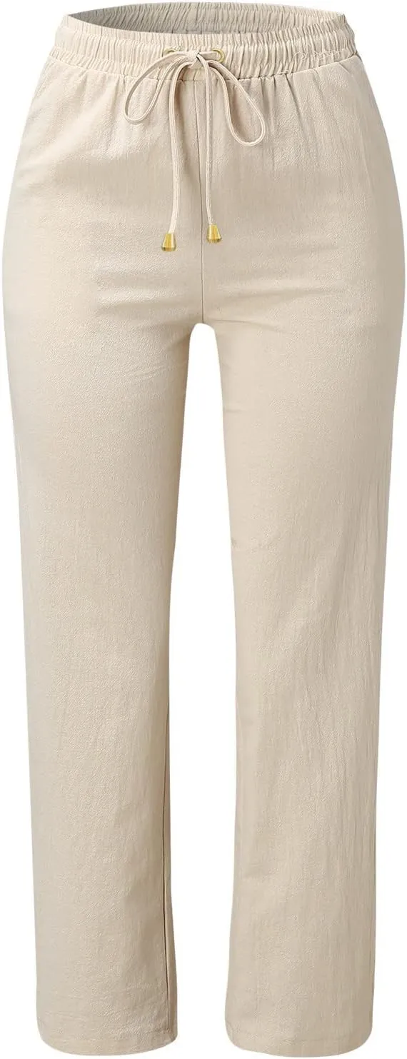 Womens Casual Cotton Linen Pants Lightweight Summer Elastic Waist Drawstring Trousers Loose Fit Solid Lounge Pants