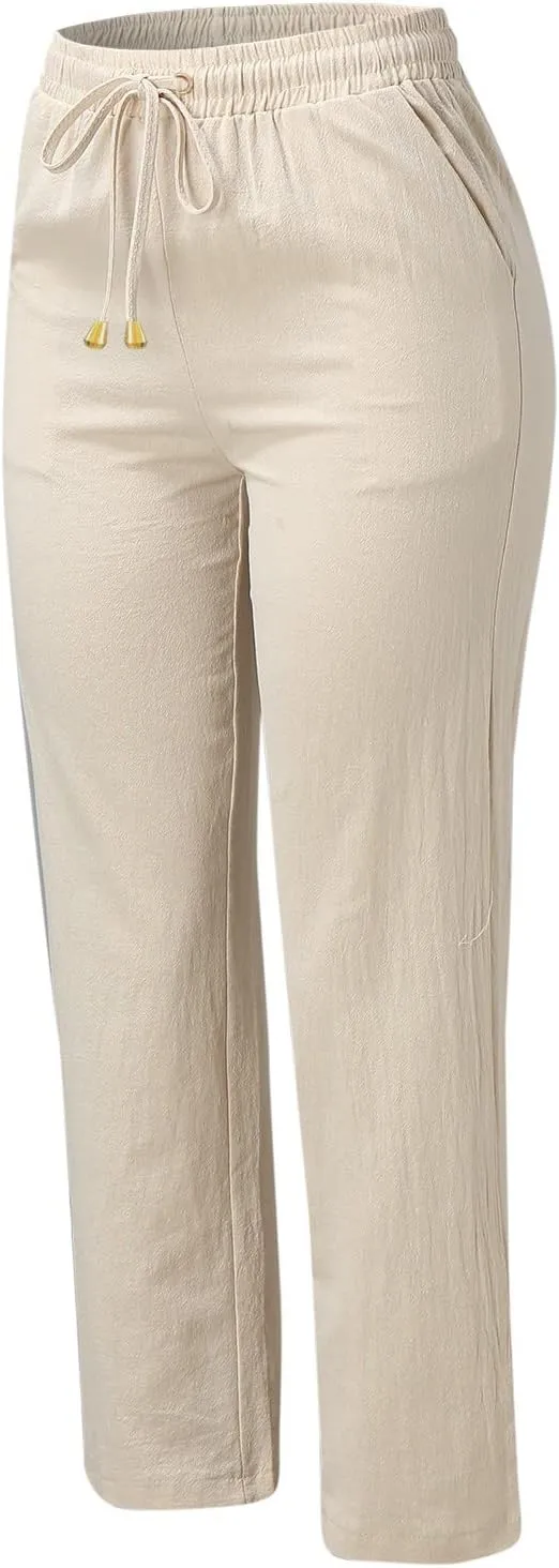 Womens Casual Cotton Linen Pants Lightweight Summer Elastic Waist Drawstring Trousers Loose Fit Solid Lounge Pants