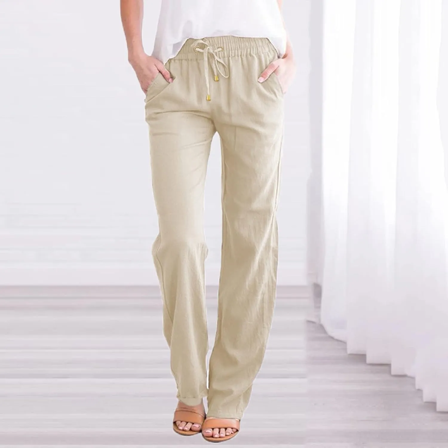 Womens Casual Cotton Linen Pants Lightweight Summer Elastic Waist Drawstring Trousers Loose Fit Solid Lounge Pants