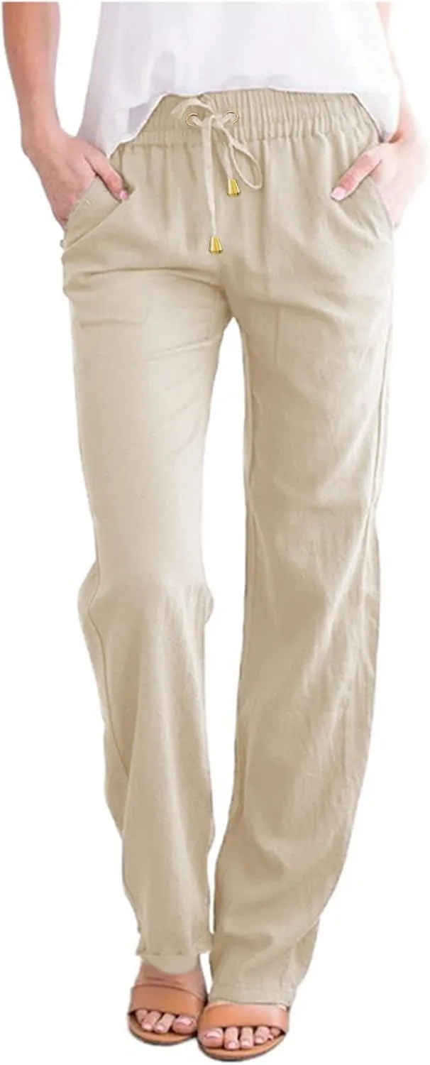 Womens Casual Cotton Linen Pants Lightweight Summer Elastic Waist Drawstring Trousers Loose Fit Solid Lounge Pants