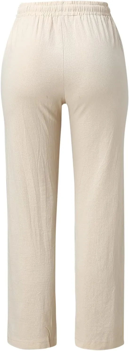 Womens Casual Cotton Linen Pants Lightweight Summer Elastic Waist Drawstring Trousers Loose Fit Solid Lounge Pants