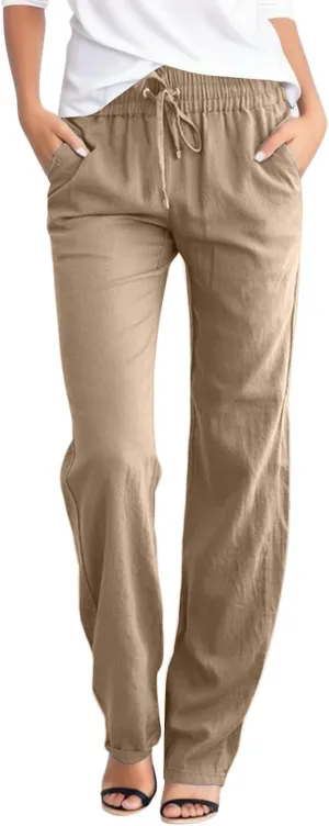 Womens Casual Linen High Waist Pants Drawstring Loose Fit Lightweight Summer Pants Trousers with Side Pockets