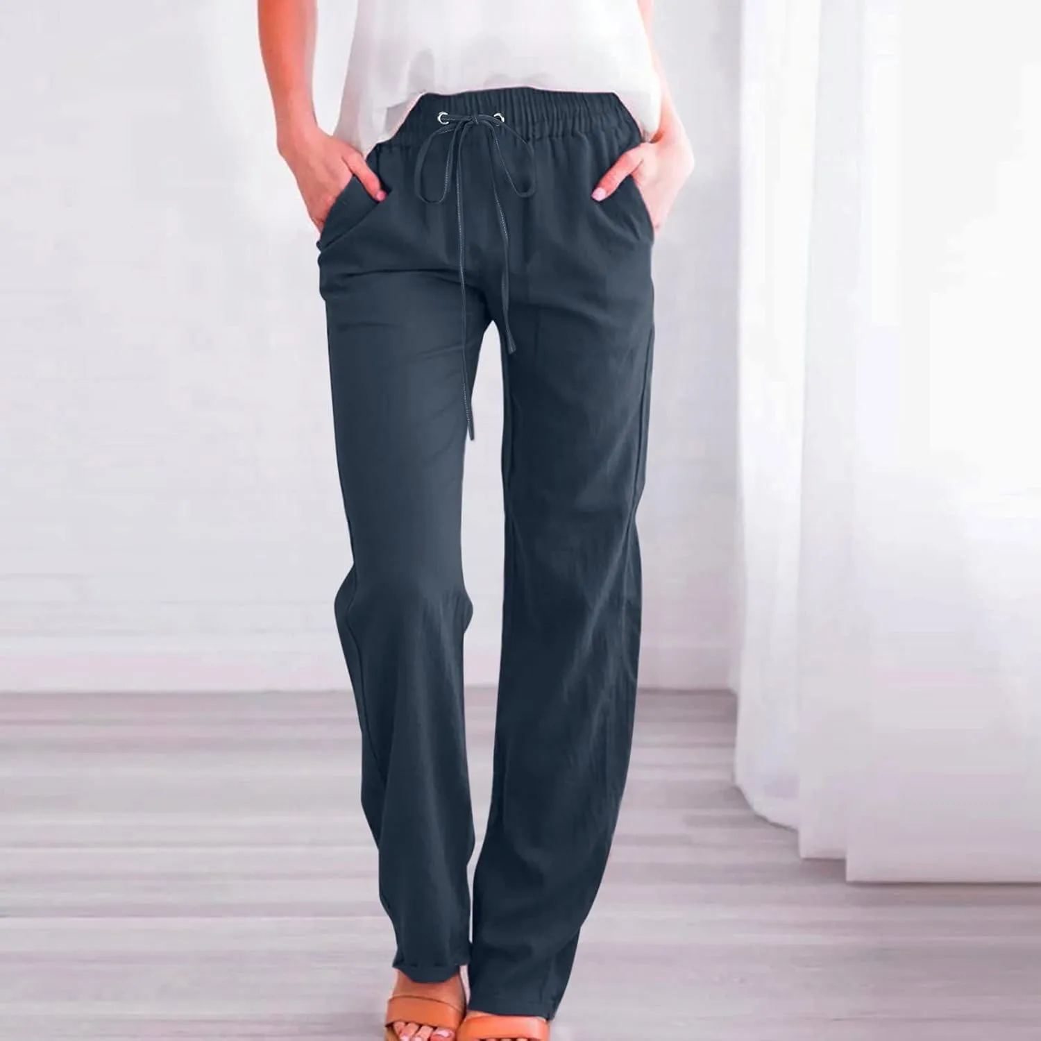 Womens Casual Linen Pants Summer Outfits Boho Drawstring Elastic Waist Trousers Lounge Vacation Clothing