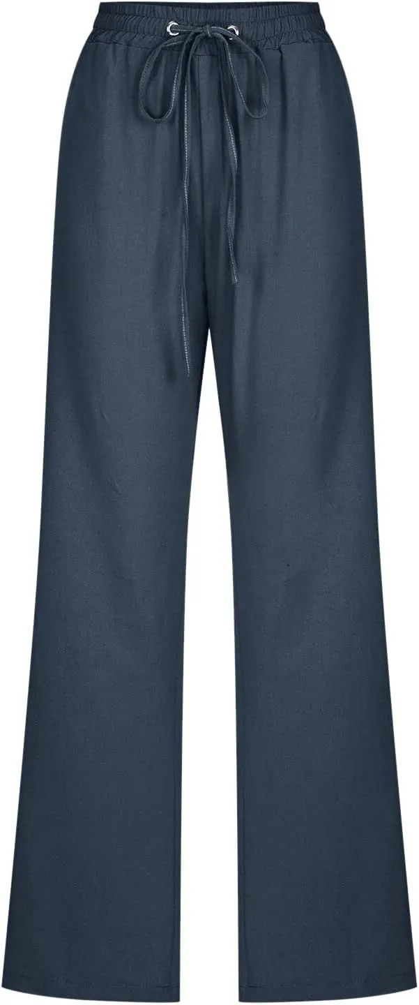 Womens Casual Linen Pants Summer Outfits Boho Drawstring Elastic Waist Trousers Lounge Vacation Clothing