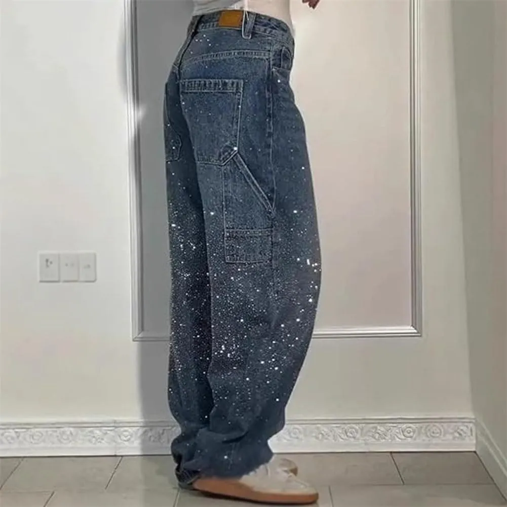 Women's Casual Rhinestone Loose Harem Jeans, Rhinestone Loose Harem for Women with Pockets