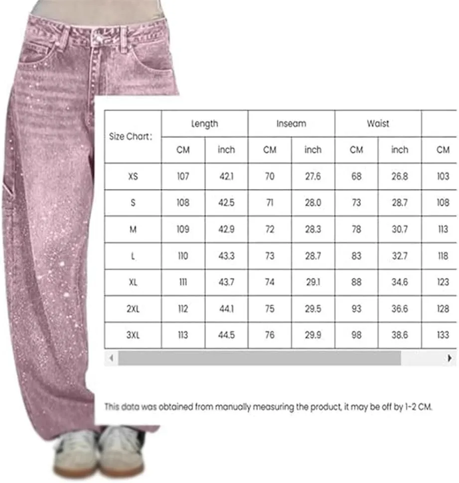 Women's Casual Rhinestone Loose Harem Jeans, Rhinestone Loose Harem for Women with Pockets