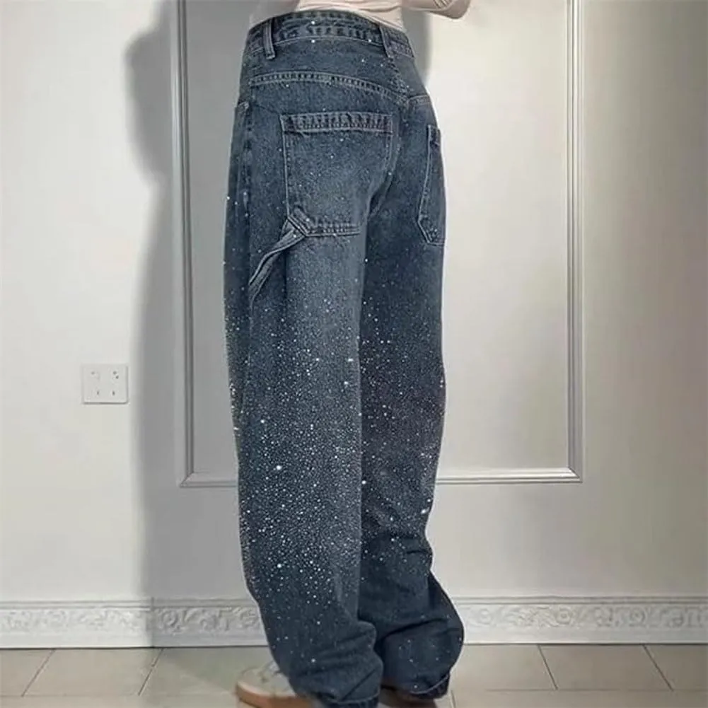 Women's Casual Rhinestone Loose Harem Jeans, Rhinestone Loose Harem for Women with Pockets