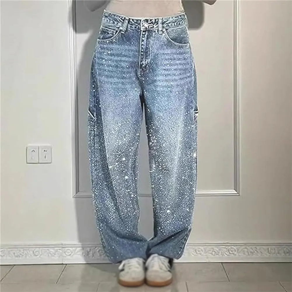 Women's Casual Rhinestone Loose Harem Jeans, Rhinestone Loose Harem for Women with Pockets
