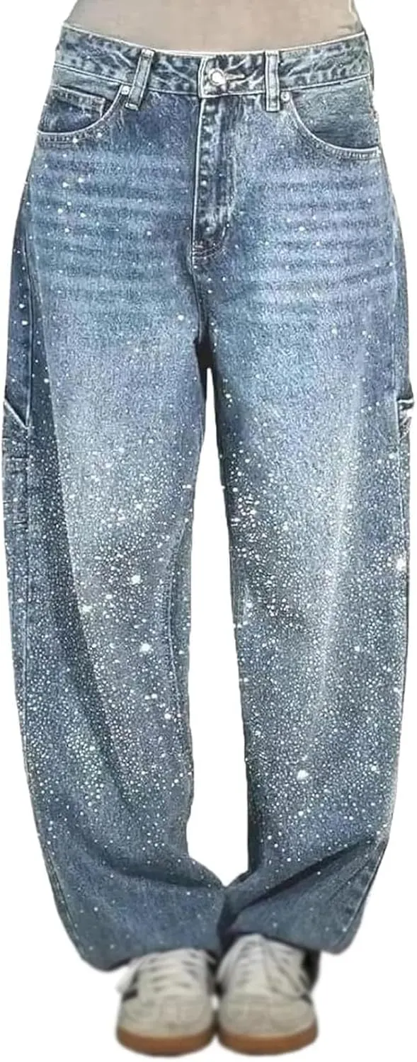 Women's Casual Rhinestone Loose Harem Jeans, Rhinestone Loose Harem for Women with Pockets