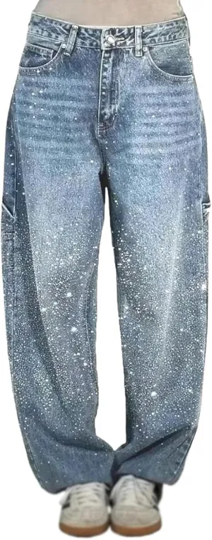 Women's Casual Rhinestone Loose Harem Jeans, Rhinestone Loose Harem for Women with Pockets