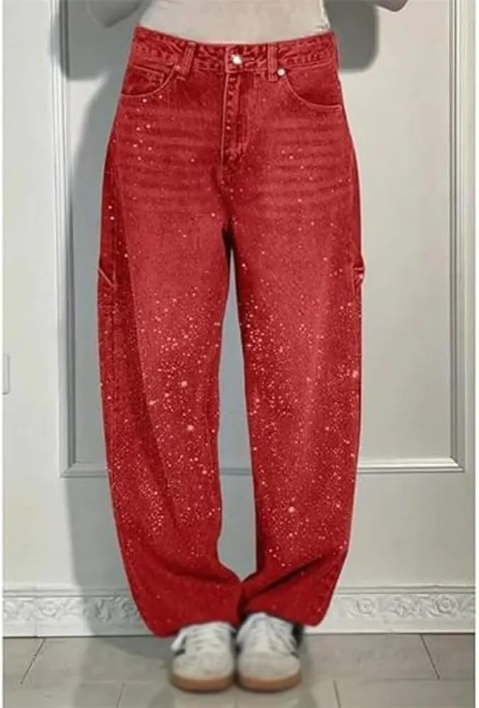 Women's Casual Rhinestone Loose Harem Jeans, Rhinestone Loose Harem for Women with Pockets