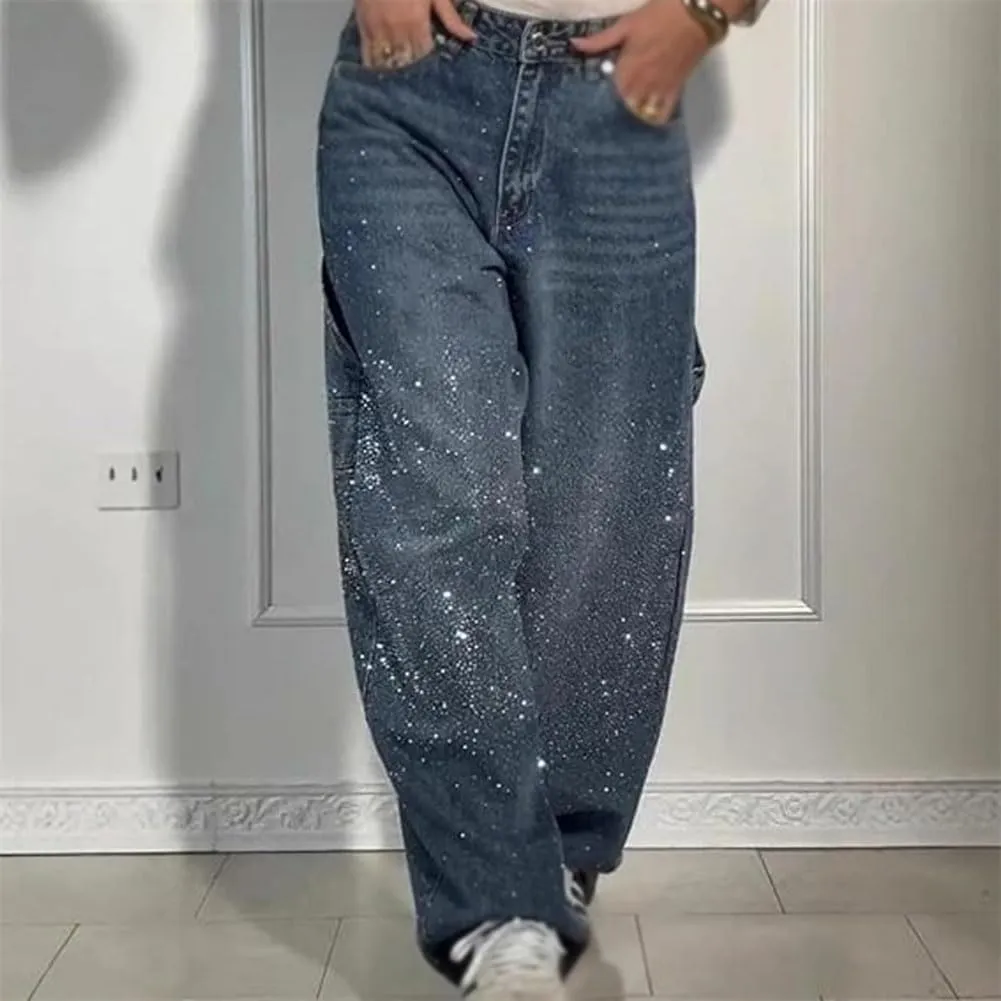 Women's Casual Rhinestone Loose Harem Jeans, Rhinestone Loose Harem for Women with Pockets