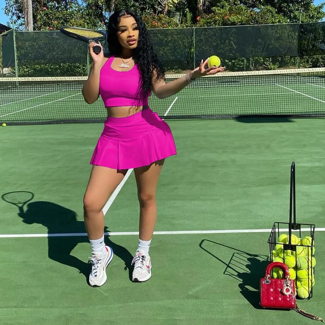 Womens Casual Sports 2 Piece Outfits Skirt Sets Athletic Tank Crop Top Mini Pleated Tennis Golf Skorts Skirts Activewear