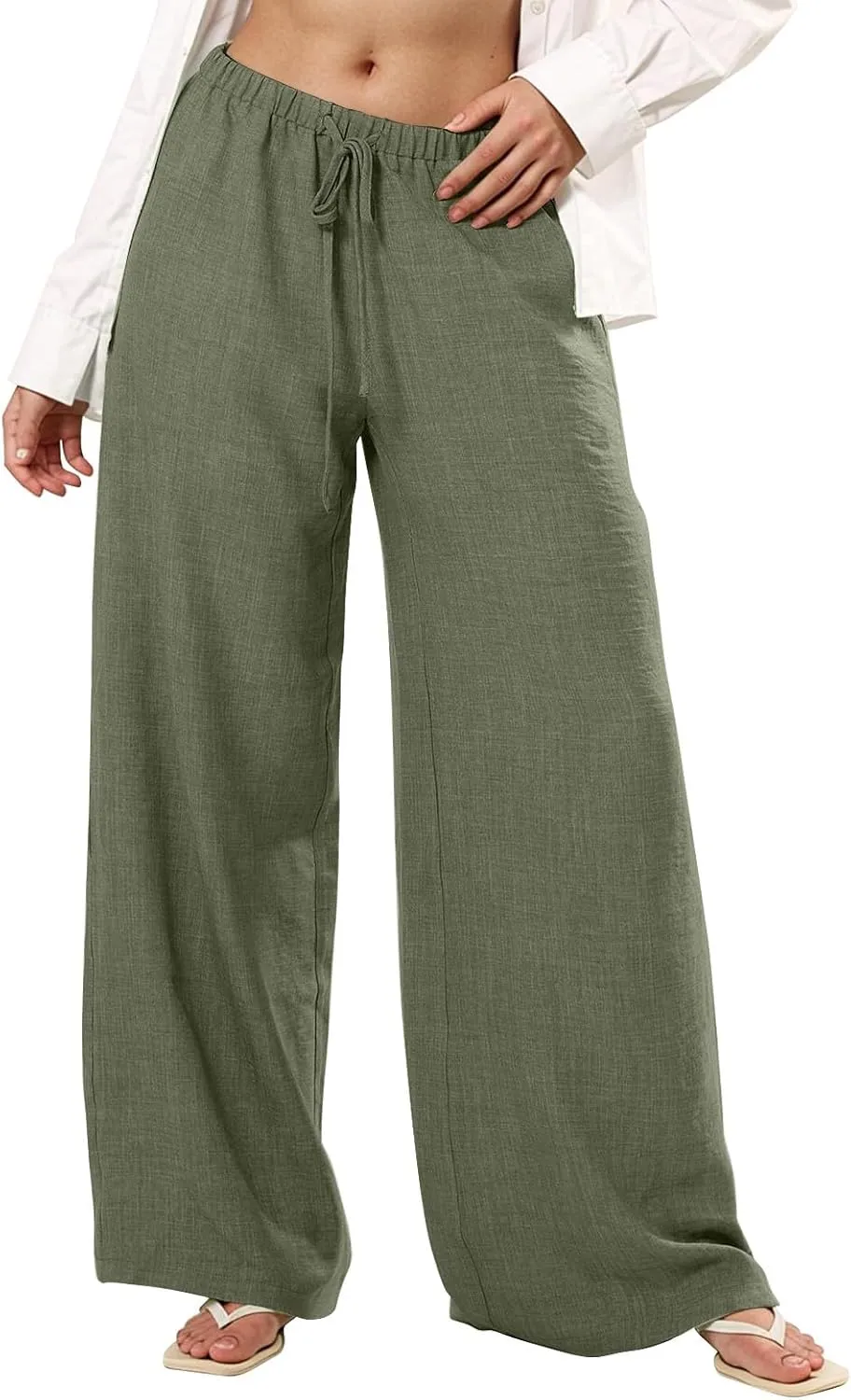 Women's Cotton Linen Pants Palazzo Flowy Wide Leg Drawstring Elastic Waist Casual Yoga Beach Trousers with Pockets