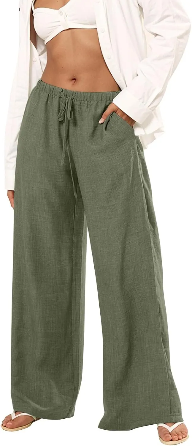 Women's Cotton Linen Pants Palazzo Flowy Wide Leg Drawstring Elastic Waist Casual Yoga Beach Trousers with Pockets
