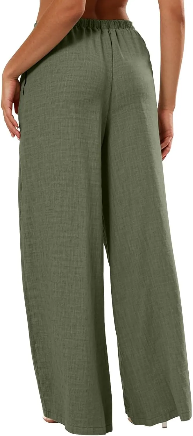 Women's Cotton Linen Pants Palazzo Flowy Wide Leg Drawstring Elastic Waist Casual Yoga Beach Trousers with Pockets