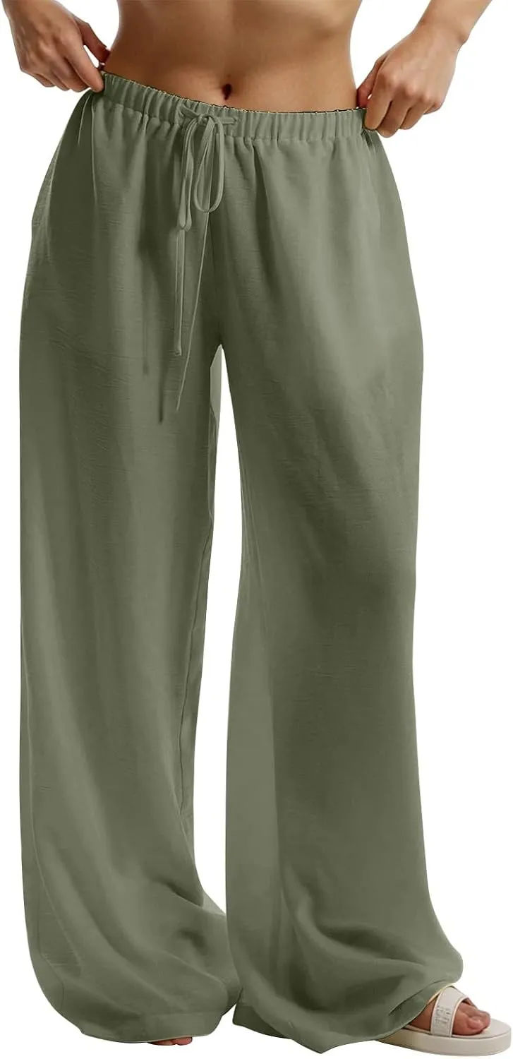 Women's Cotton Linen Pants Palazzo Flowy Wide Leg Drawstring Elastic Waist Casual Yoga Beach Trousers with Pockets