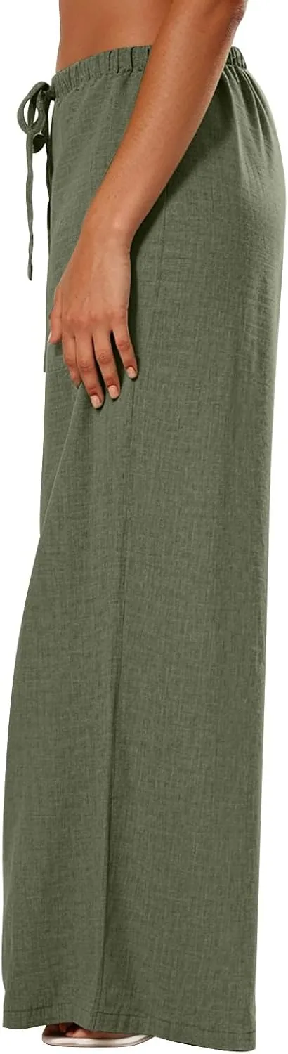 Women's Cotton Linen Pants Palazzo Flowy Wide Leg Drawstring Elastic Waist Casual Yoga Beach Trousers with Pockets