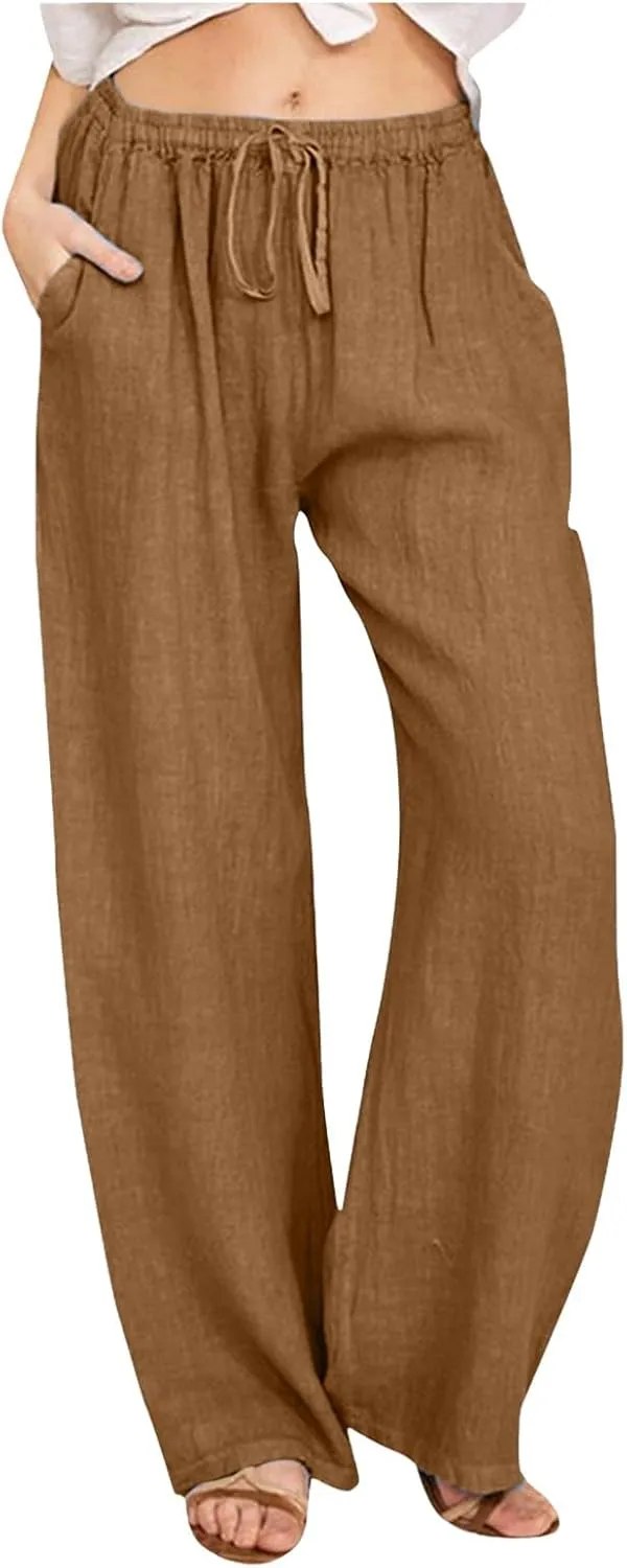 Womens Cotton Linen Summer Trendy Palazzo Pants Elastic Waist Ankle Length Slim Fit Trouser Office