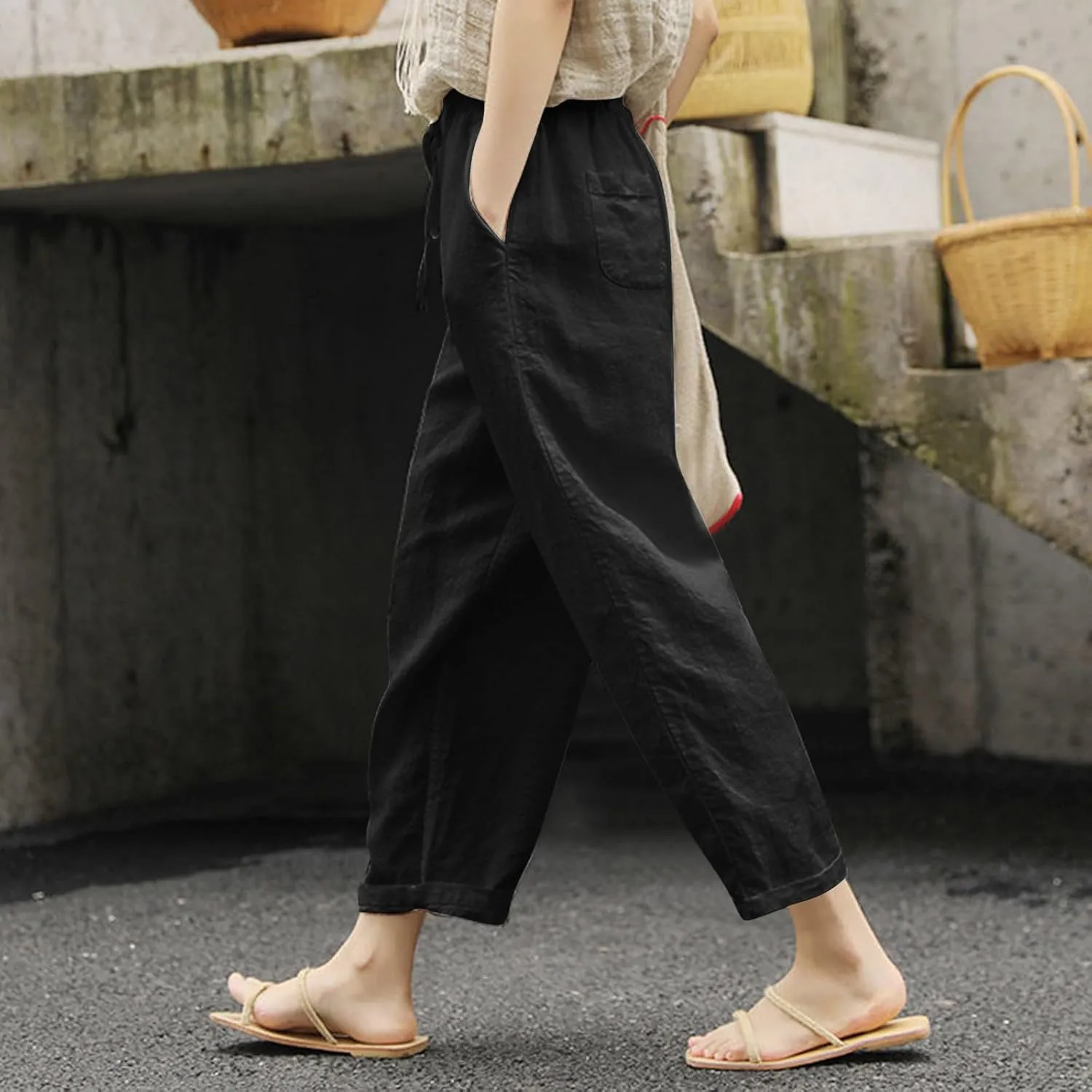 Women's Cotton Linen Summer Y2K Streetwear Palazzo Lounge Pants Low Waist Bootcut Slim Fit Palazzo Lounge