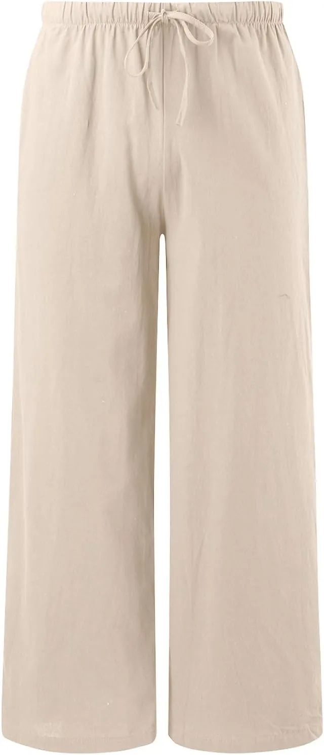 Womens Cotton Linen Wide Leg Pants Palazzo Flowy Pants Summer Elastic High Waist Beach Pants Comfy Pants with Pockets