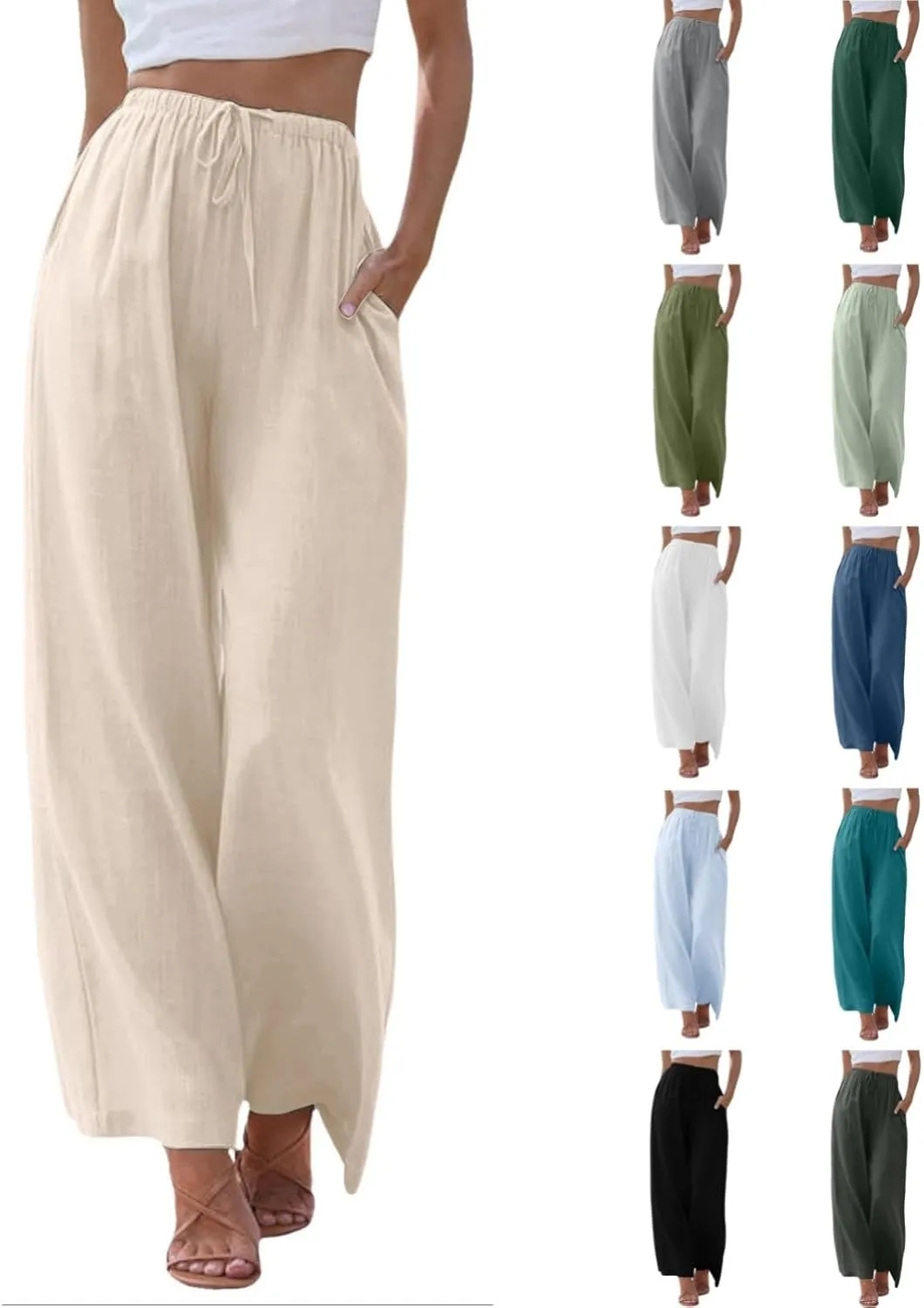 Womens Cotton Linen Wide Leg Pants Palazzo Flowy Pants Summer Elastic High Waist Beach Pants Comfy Pants with Pockets