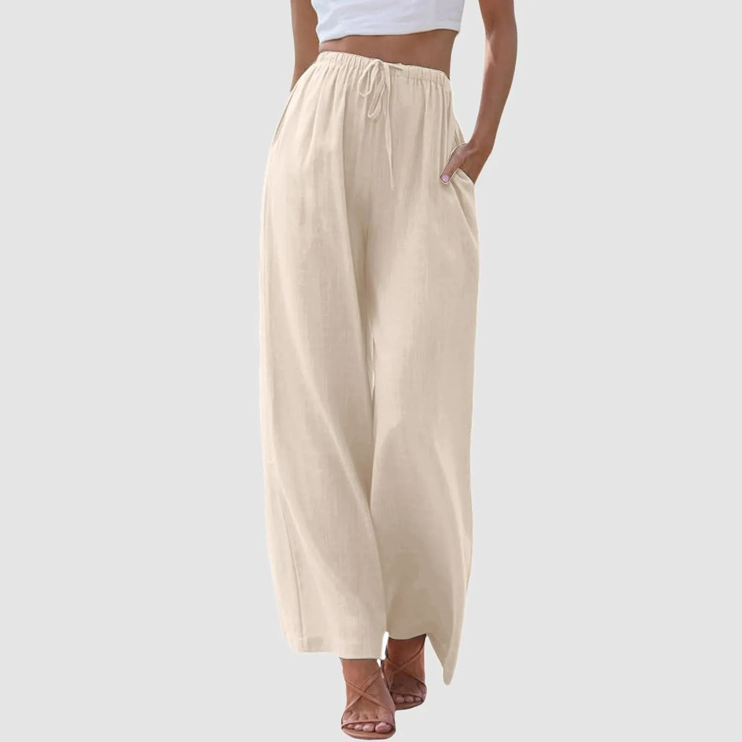 Womens Cotton Linen Wide Leg Pants Palazzo Flowy Pants Summer Elastic High Waist Beach Pants Comfy Pants with Pockets