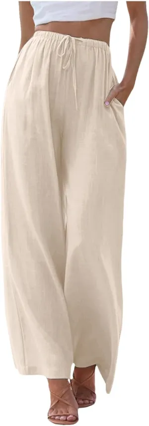 Womens Cotton Linen Wide Leg Pants Palazzo Flowy Pants Summer Elastic High Waist Beach Pants Comfy Pants with Pockets