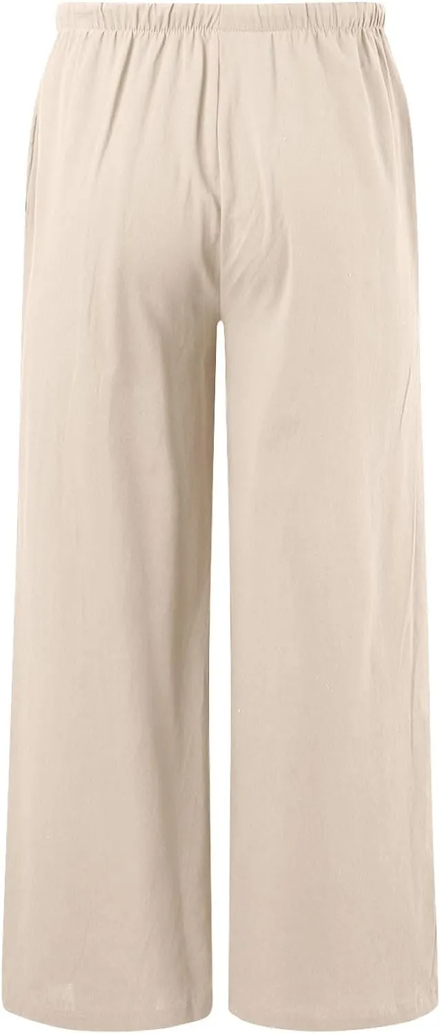 Womens Cotton Linen Wide Leg Pants Palazzo Flowy Pants Summer Elastic High Waist Beach Pants Comfy Pants with Pockets