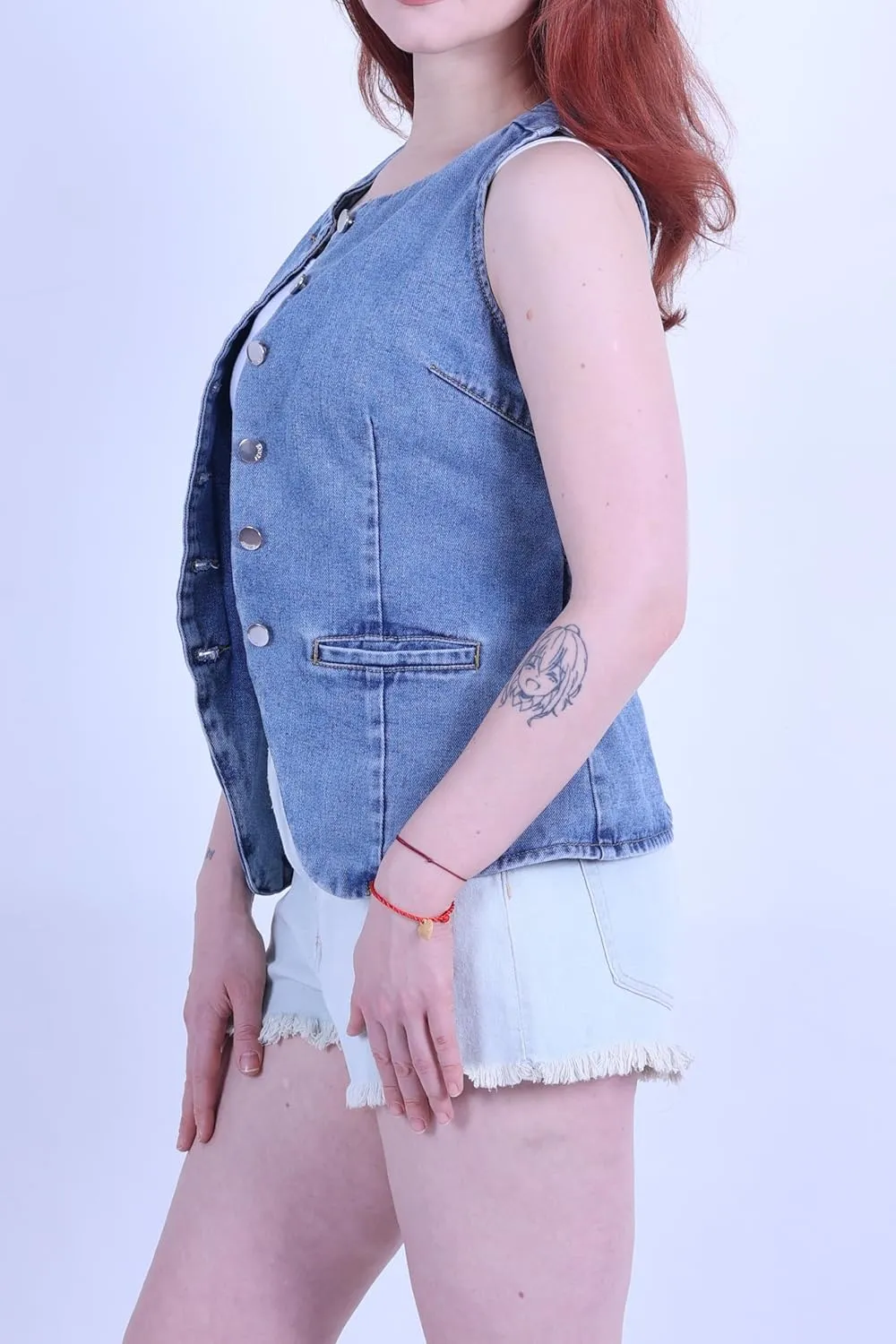 Women's Denim Long Vest Tops Crew Neck Button Down Back Belt Denim Waistcoat Sleeveless Jean Jacket Streetwear