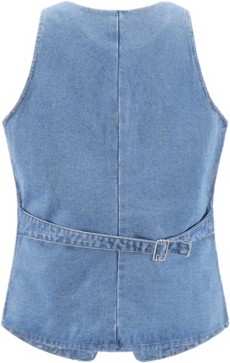 Women's Denim Long Vest Tops Crew Neck Button Down Back Belt Denim Waistcoat Sleeveless Jean Jacket Streetwear