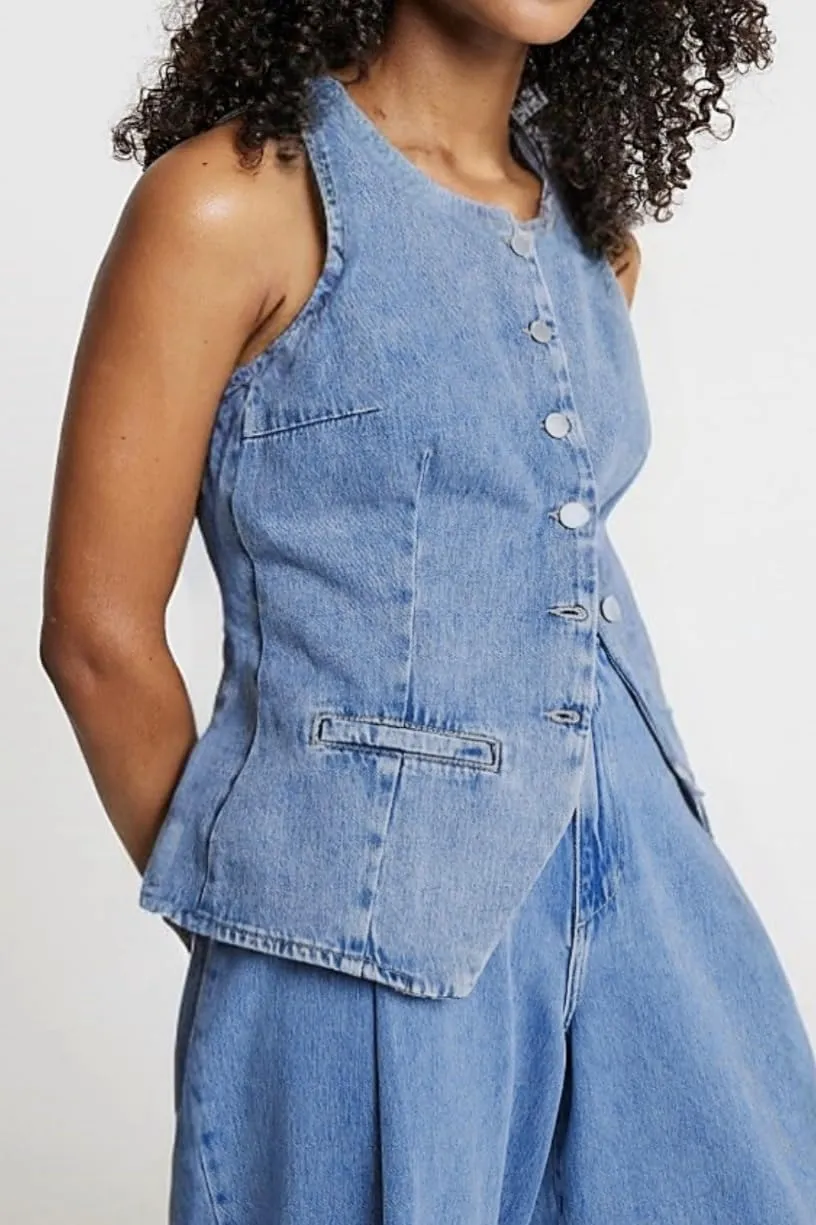 Women's Denim Long Vest Tops Crew Neck Button Down Back Belt Denim Waistcoat Sleeveless Jean Jacket Streetwear