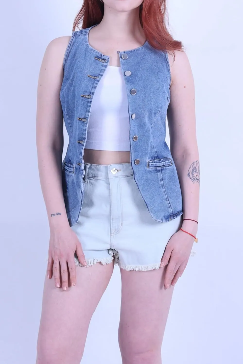 Women's Denim Long Vest Tops Crew Neck Button Down Back Belt Denim Waistcoat Sleeveless Jean Jacket Streetwear