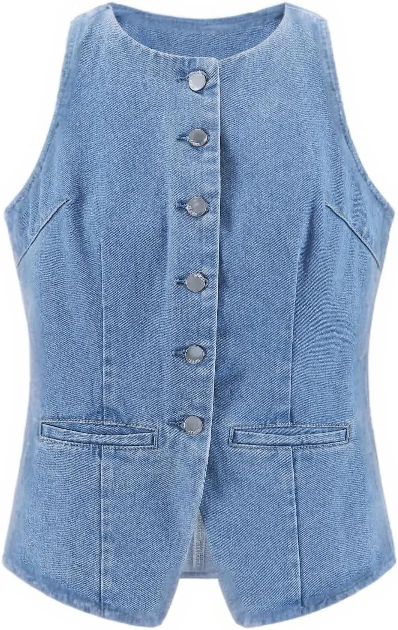 Women's Denim Long Vest Tops Crew Neck Button Down Back Belt Denim Waistcoat Sleeveless Jean Jacket Streetwear