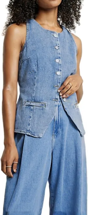 Women's Denim Long Vest Tops Crew Neck Button Down Back Belt Denim Waistcoat Sleeveless Jean Jacket Streetwear