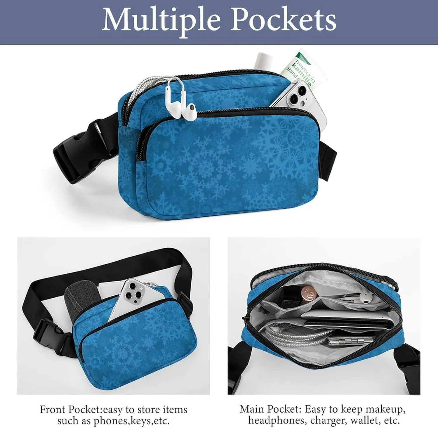Womens Fashion Sport Waist Pack Compatible with Christmas Decoration Snowflake Blue, Adjustable Fanny Bag for Running/Travel