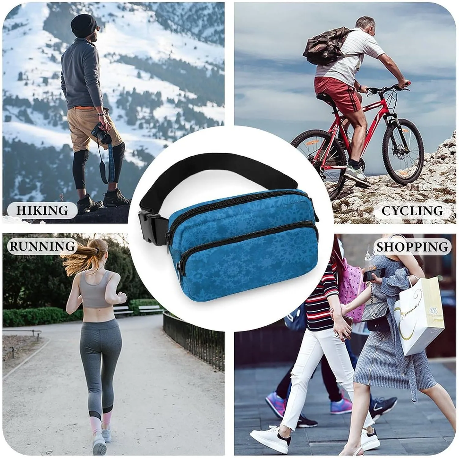 Womens Fashion Sport Waist Pack Compatible with Christmas Decoration Snowflake Blue, Adjustable Fanny Bag for Running/Travel