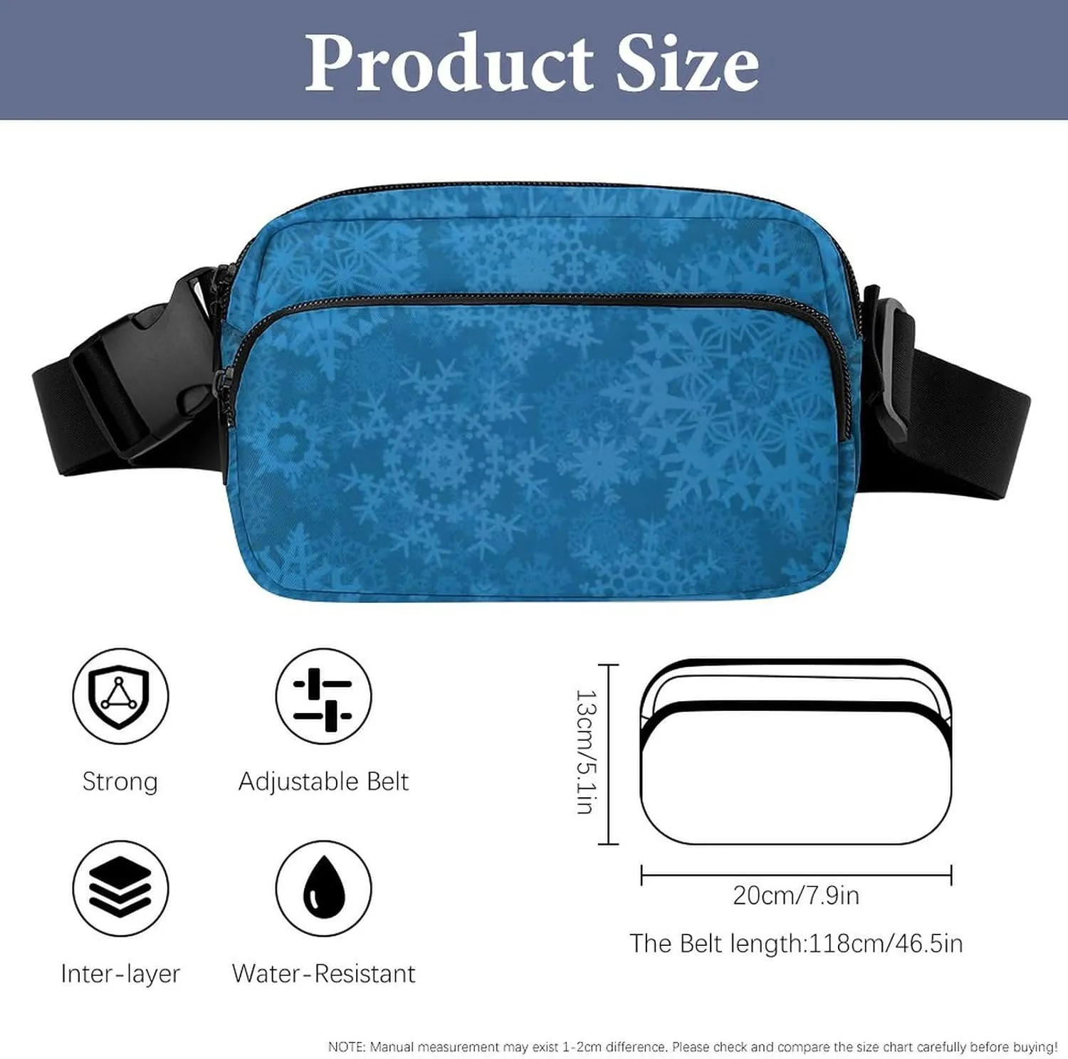 Womens Fashion Sport Waist Pack Compatible with Christmas Decoration Snowflake Blue, Adjustable Fanny Bag for Running/Travel