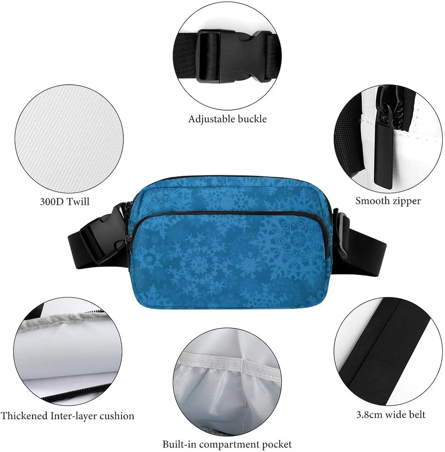 Womens Fashion Sport Waist Pack Compatible with Christmas Decoration Snowflake Blue, Adjustable Fanny Bag for Running/Travel