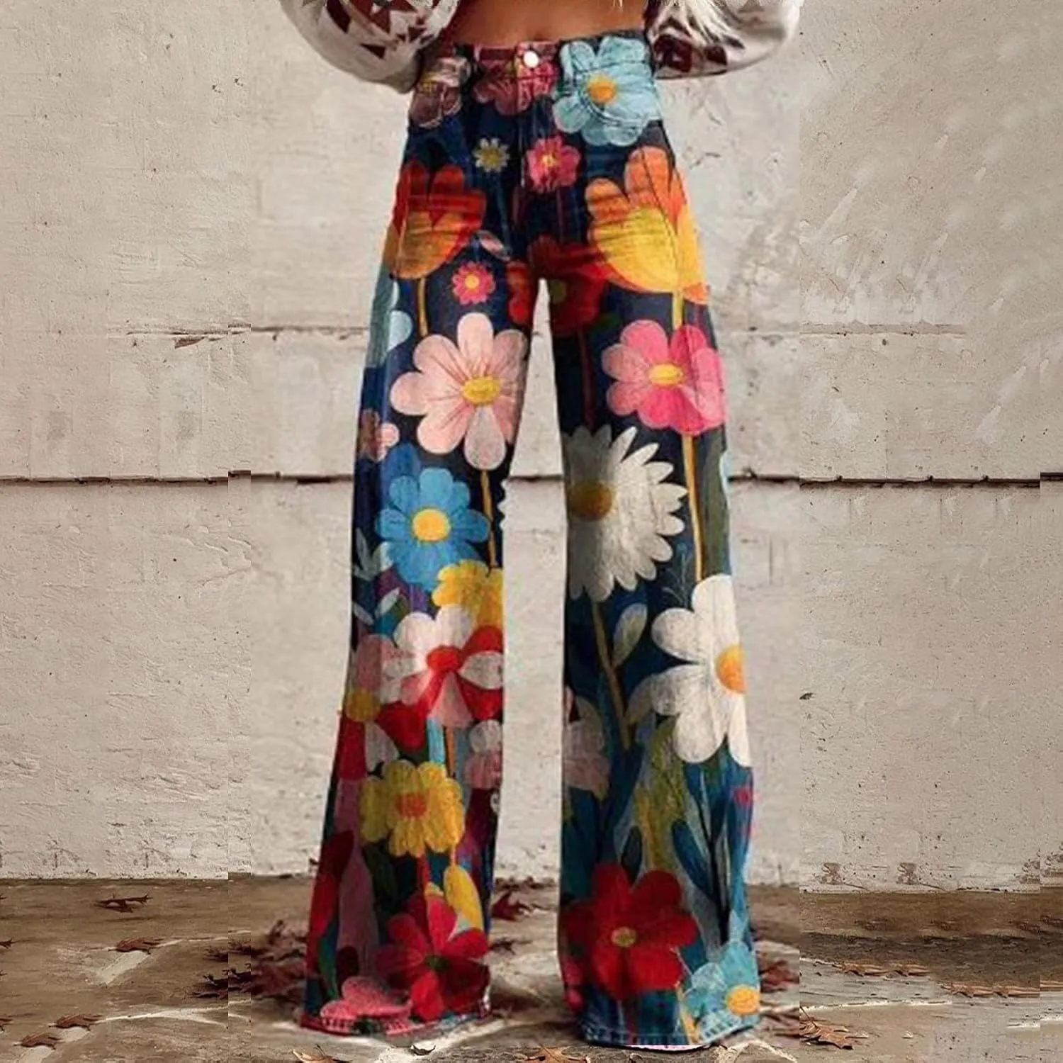 Women's Flare Jeans 2025 Wide Leg Baggy Pant Vintage Floral Print High Waisted Straight Stretch Pants with Pocket