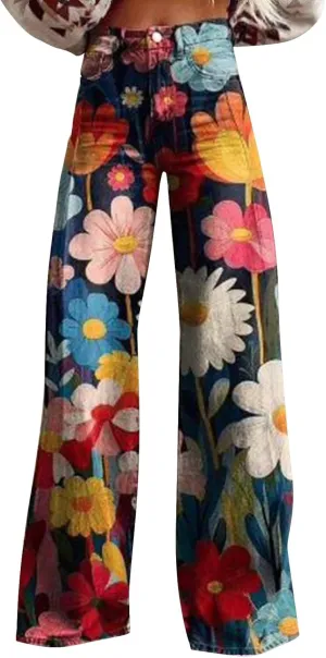 Women's Flare Jeans 2025 Wide Leg Baggy Pant Vintage Floral Print High Waisted Straight Stretch Pants with Pocket