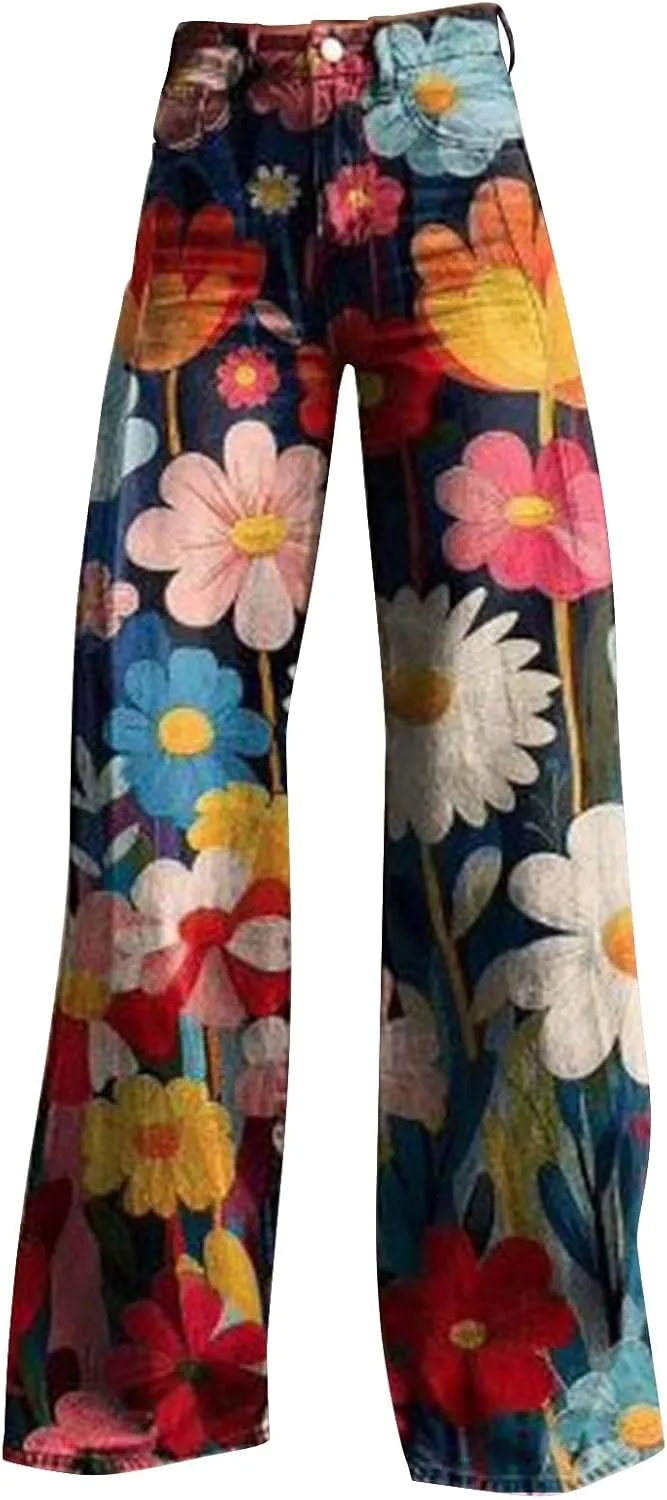 Women's Flare Jeans 2025 Wide Leg Baggy Pant Vintage Floral Print High Waisted Straight Stretch Pants with Pocket
