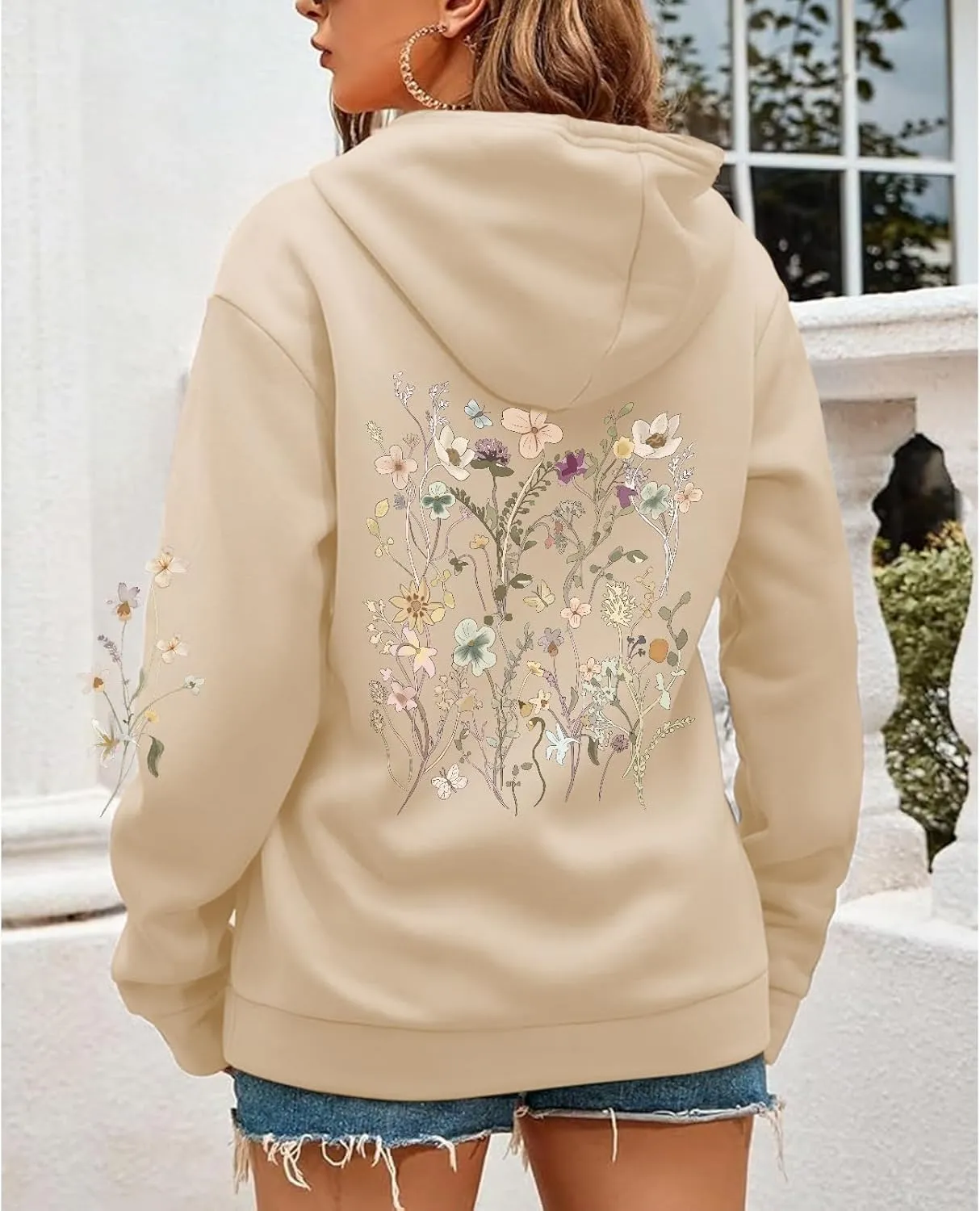 Women's Floral Printed Hoodies Vintage Aesthetic Flower Graphic Sweatshirt Cute Boho Fleece Thermal Hoodie Pullover