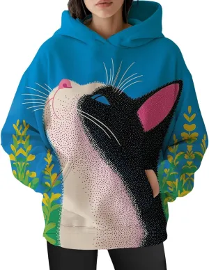 Womens Funny Cat Hoodies Oversized Cute Cat Lovers Printed Hooded Sweatshirt Y2K Fall Pullover Tops with Pockets