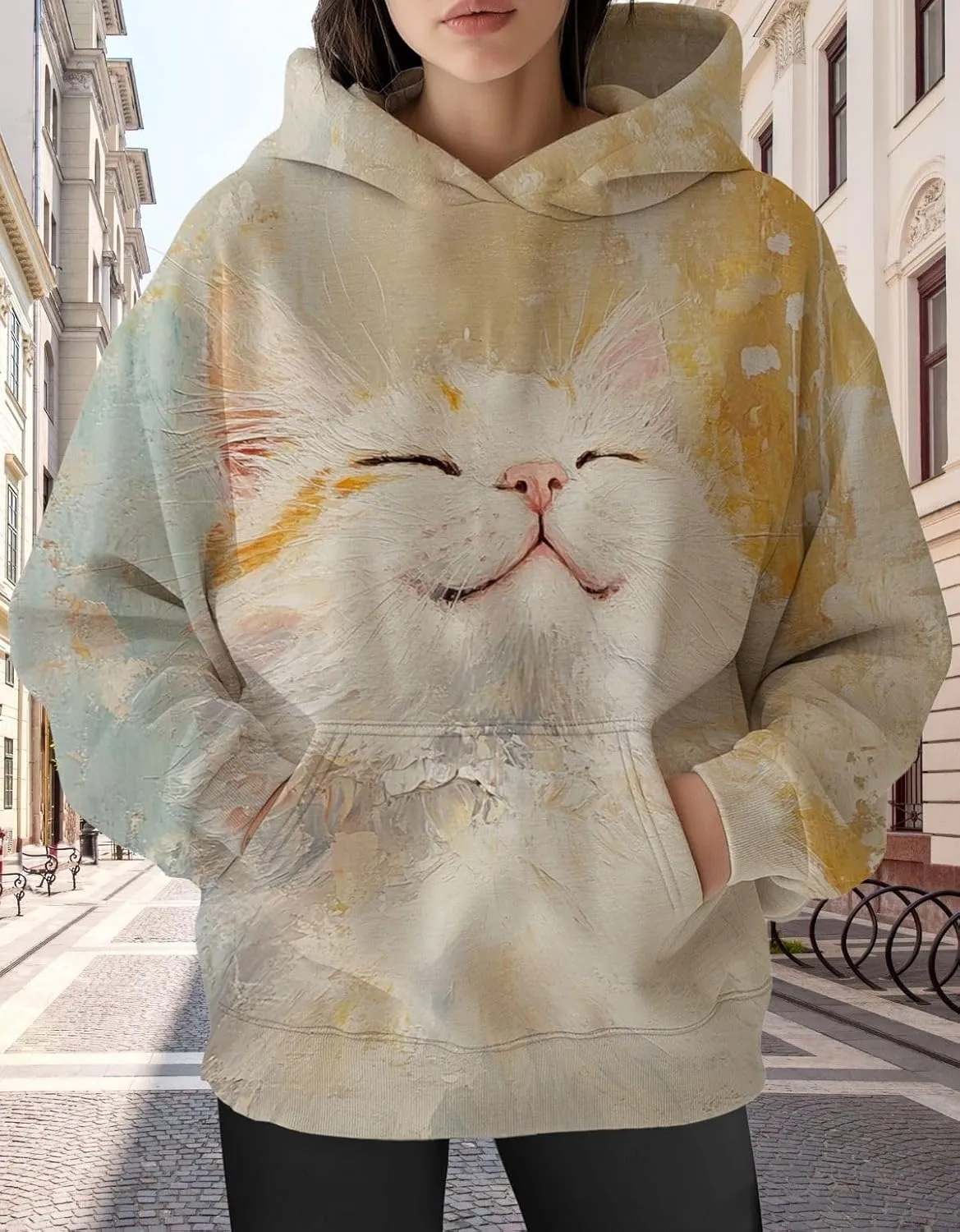 Womens Funny Cat Hoodies Oversized Cute Cat Lovers Printed Hooded Sweatshirt Y2K Fall Pullover Tops with Pockets
