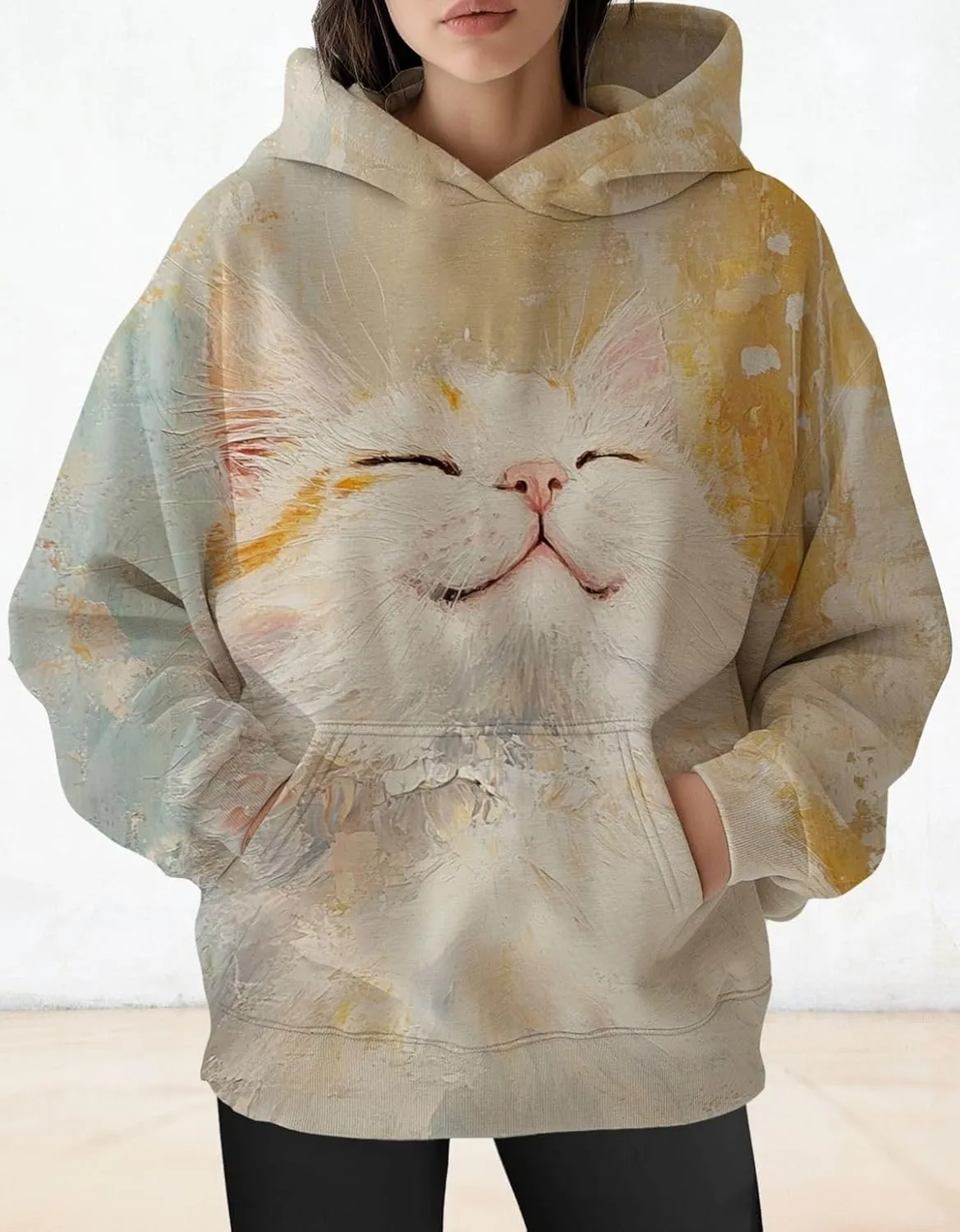 Womens Funny Cat Hoodies Oversized Cute Cat Lovers Printed Hooded Sweatshirt Y2K Fall Pullover Tops with Pockets