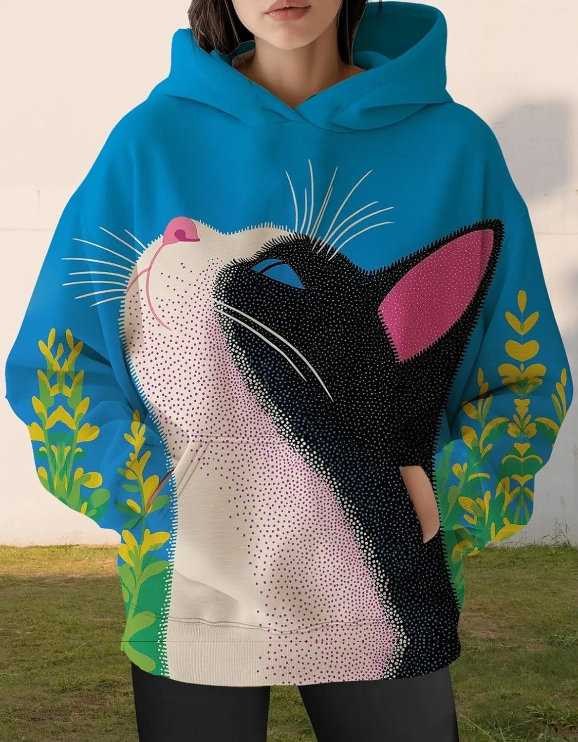 Womens Funny Cat Hoodies Oversized Cute Cat Lovers Printed Hooded Sweatshirt Y2K Fall Pullover Tops with Pockets