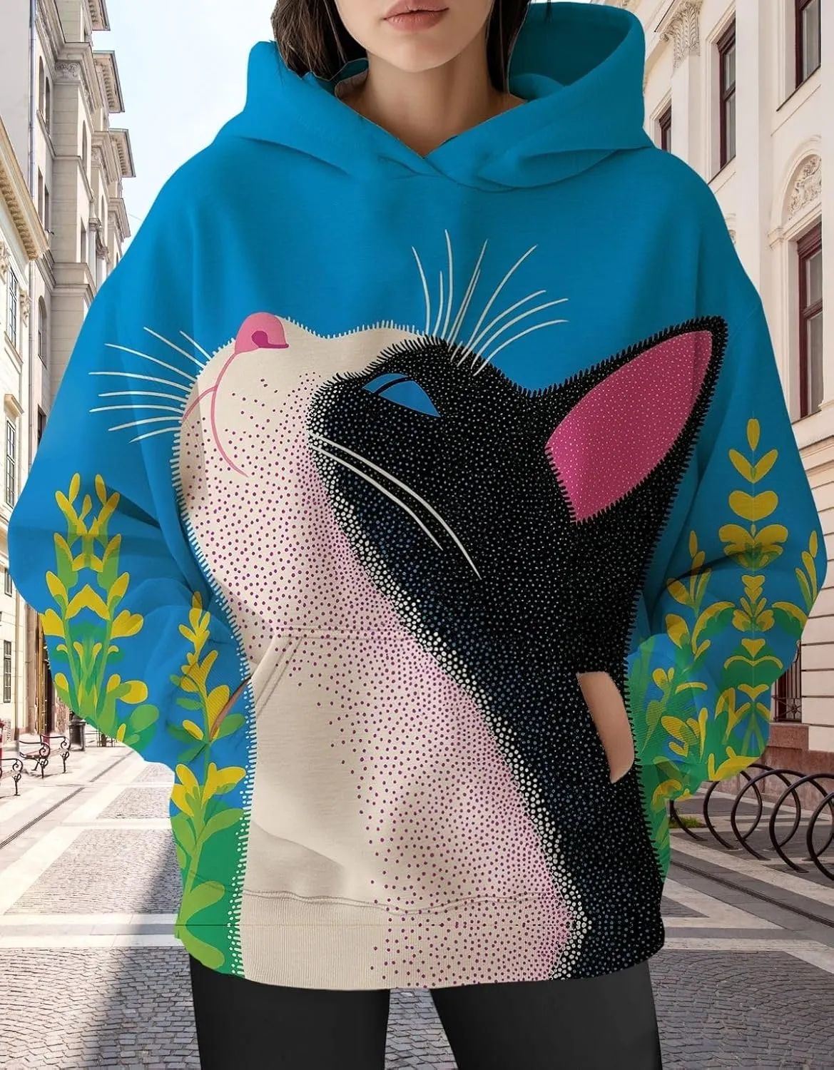 Womens Funny Cat Hoodies Oversized Cute Cat Lovers Printed Hooded Sweatshirt Y2K Fall Pullover Tops with Pockets